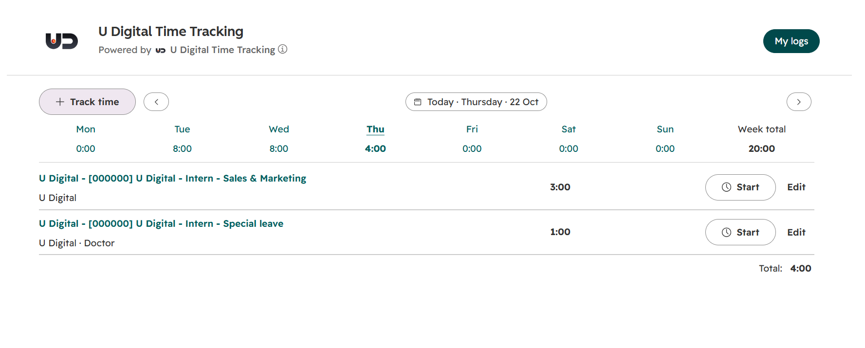 Weekoverzicht van U Digital Time Tracking